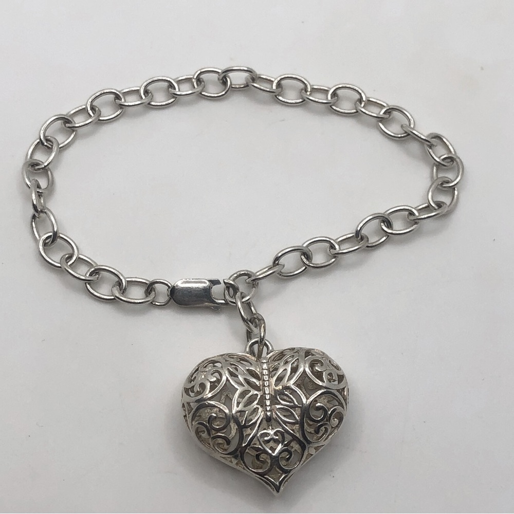 Vtg Sterling Silver 3D Puffy Filigree Heart Charm Bracelet 7.5” Adjustable